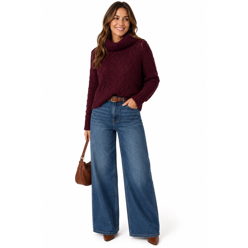 Loft Womens Burgundy Wool Blend Diamond Pointelle Cowl Neck Sweater Large